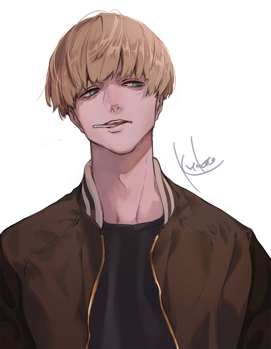 1boy, artist_name, black_shirt, blonde_hair, blue_eyes, brown_jacket, highres, jacket