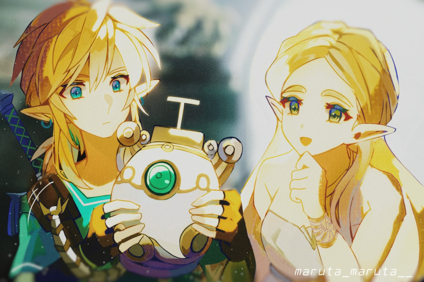 1boy, 1girl, 1other, bangs, bare_shoulders, blonde_hair, blue_eyes, bracer