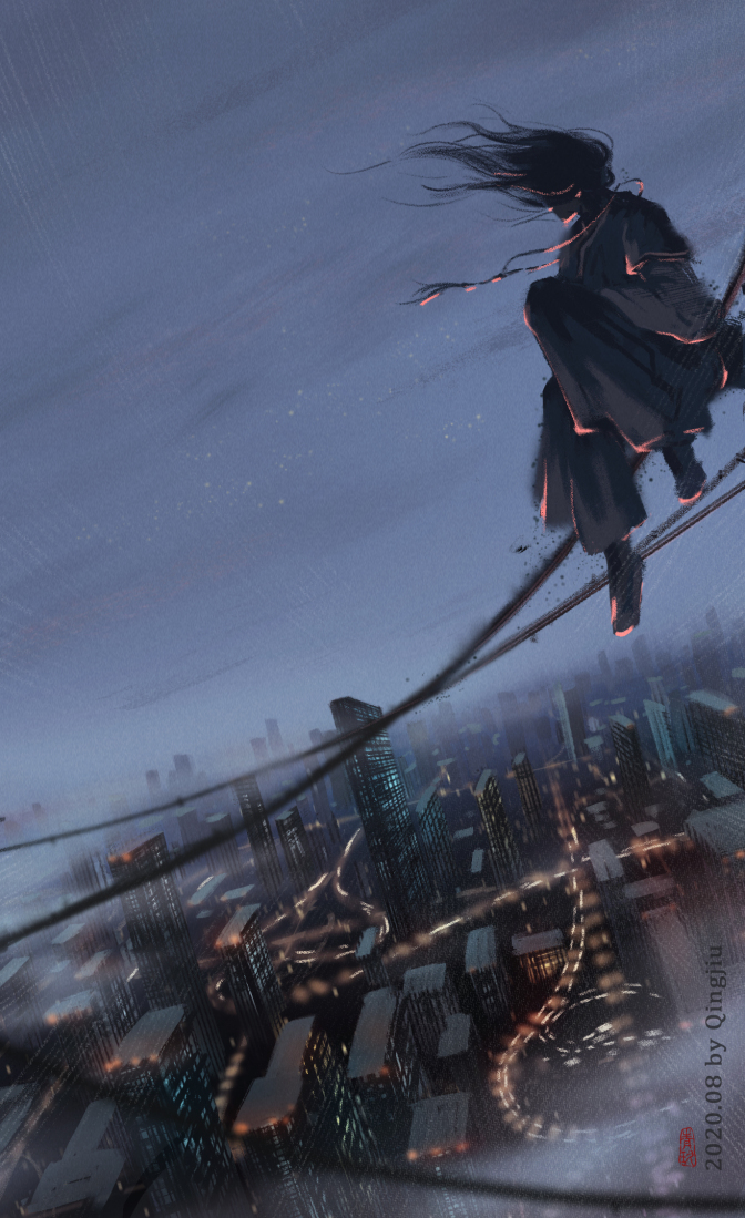 1boy, artist_name, blurry, chinese_clothes, city, city_lights, cityscape, dated, depth_of_field, dutch_angle, enki_(juuni_kokuki), floating_hair, fog, jewelry, juuni_kokuki, knee_up, layered_sleeves, long_hair, long_sleeves, male_focus, necklace, night, night_sky, outdoors, pants, power_lines, qingjiu, shoes, short_over_long_sleeves, short_sleeves, sitting, sky, solo, traditional_media, wind
