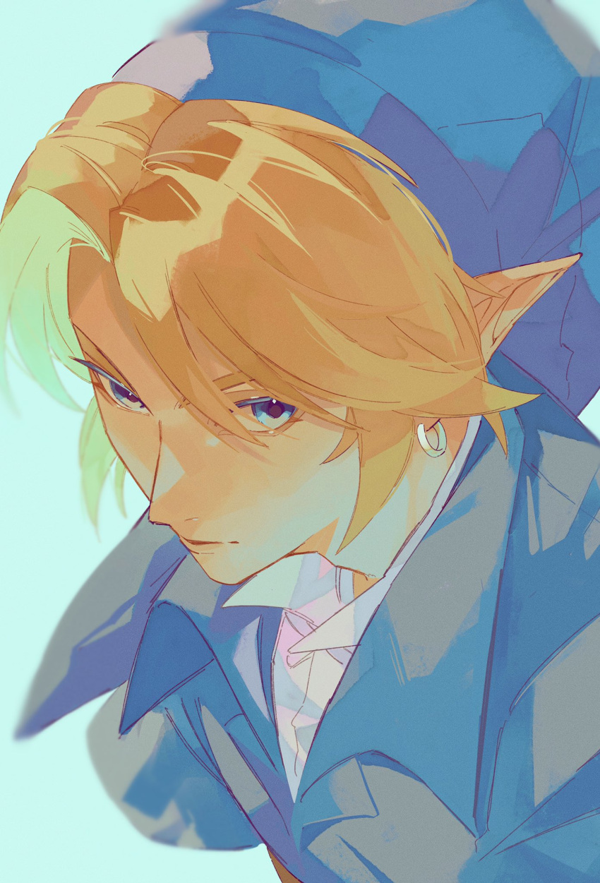 1boy, alternate_costume, bangs, blonde_hair, blue_eyes, blue_headwear, close-up, earrings