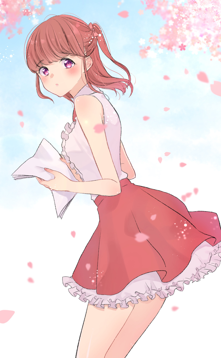 1girl, absurdres, blush, bow, brown_hair, day, highres, ichii_maina, long_hair, looking_at_viewer, maple_(maplesiroop), oshi_ga_budoukan_itte_kuretara_shinu, outdoors, paper, petals, pink_bow, pink_eyes, red_skirt, shirt, skirt, sleeveless, sleeveless_shirt, solo, standing, white_shirt