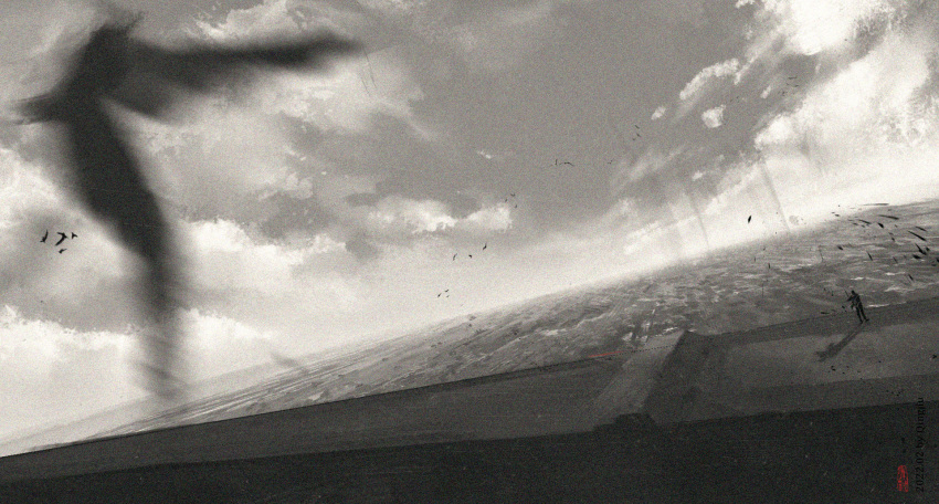 1boy, animal, bird, cape, character_request, check_character, clouds, commentary_request, day, defensive_wall, dutch_angle, erwin_smith, floating_cape, highres, male_focus, monochrome, motion_blur, on_wall, pants, paradis_military_uniform, qingjiu, rock, shingeki_no_kyojin, sky, solo, standing, titan_(shingeki_no_kyojin), wall, wind