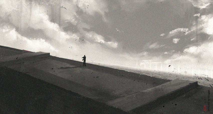 1boy, bird, cape, character_request, check_character, clouds, commentary_request, day