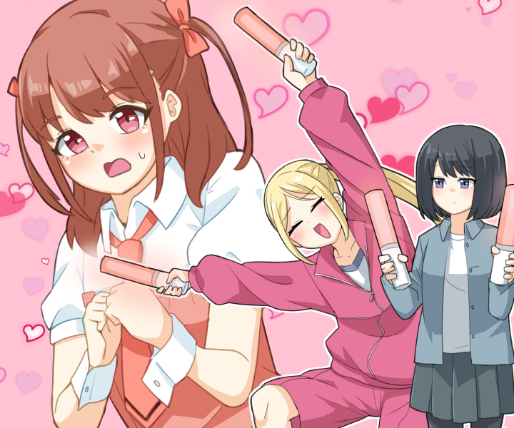 3girls, :o, black_hair, black_pantyhose, blonde_hair, brown_hair, cheering, eripiyo