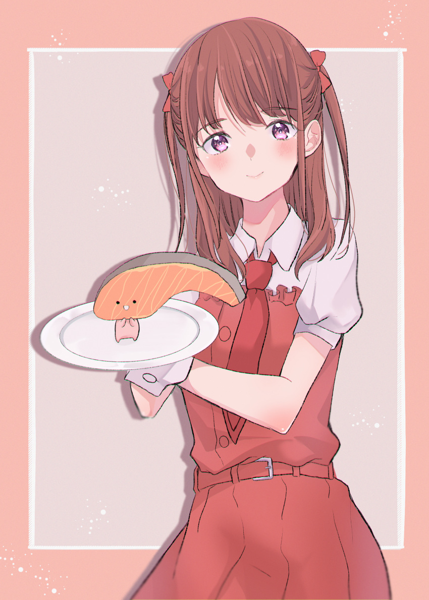 1girl, absurdres, blush, bow, brown_hair, dress, fish_(food), hair_bow