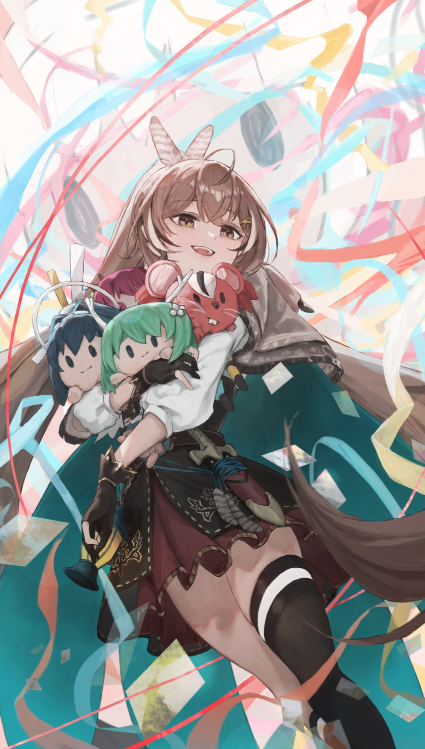 1girl, absurdres, ahoge, asymmetrical_legwear, bangs, belt, brown_capelet, brown_cloak
