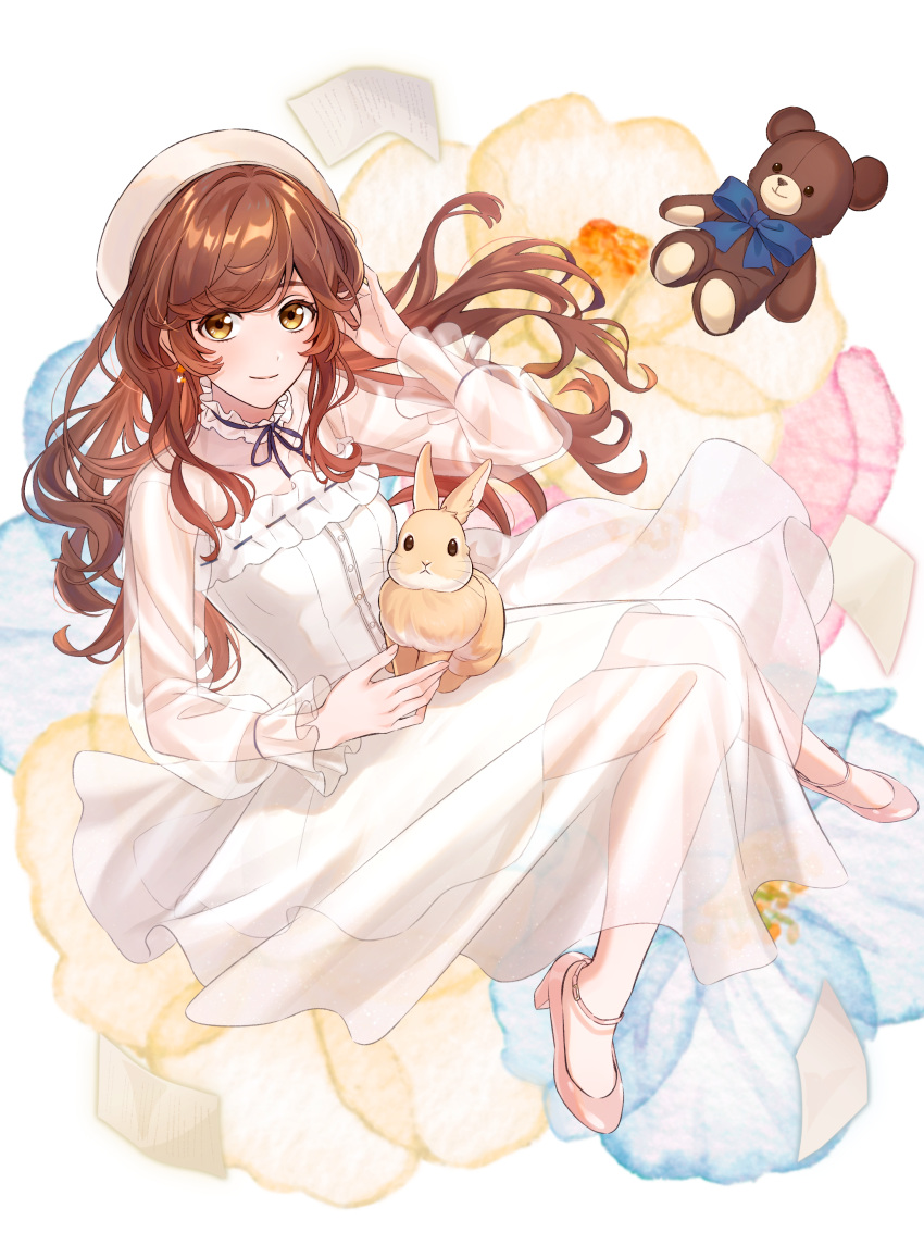 1girl, absurdres, animal, animal_on_lap, brown_eyes, brown_hair, character_request, dress, full_body, gabi's_room, high_heels, highres, on_lap, pink_footwear, rabbit, see-through, see-through_sleeves, shiraho_(m_shiraho), sitting, solo, stuffed_animal, stuffed_toy, teddy_bear, white_dress, white_headwear