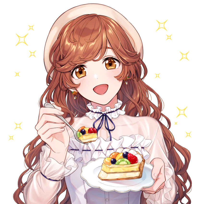 1girl, :d, absurdres, brown_eyes, brown_hair, character_request, dessert, dress