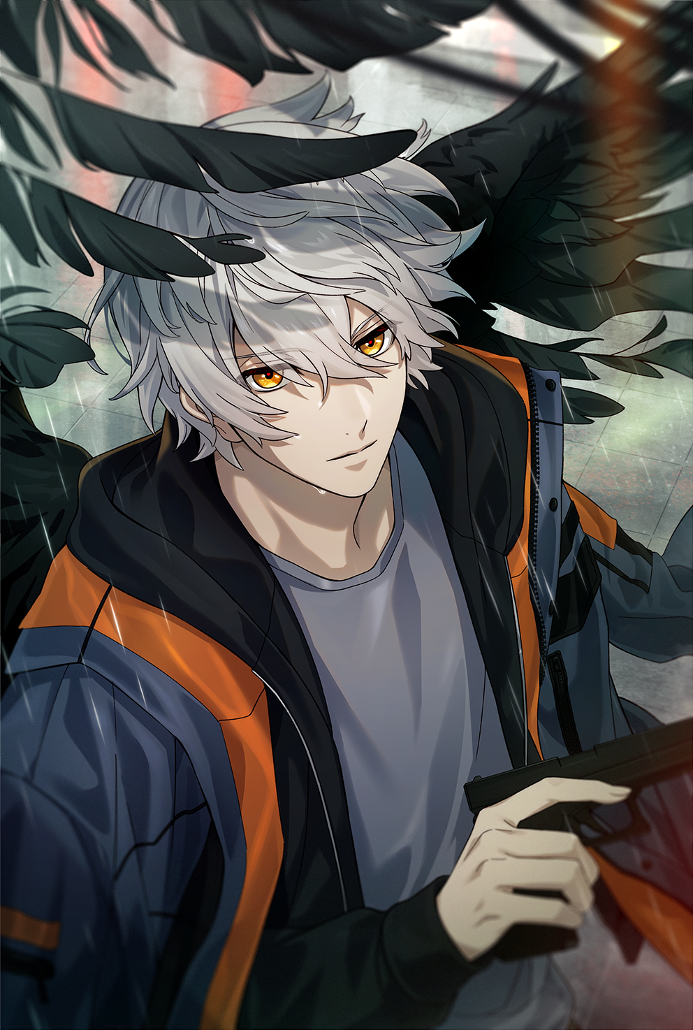 1boy, black_wings, feathered_wings, grey_shirt, gun, hair_between_eyes, highres, holding