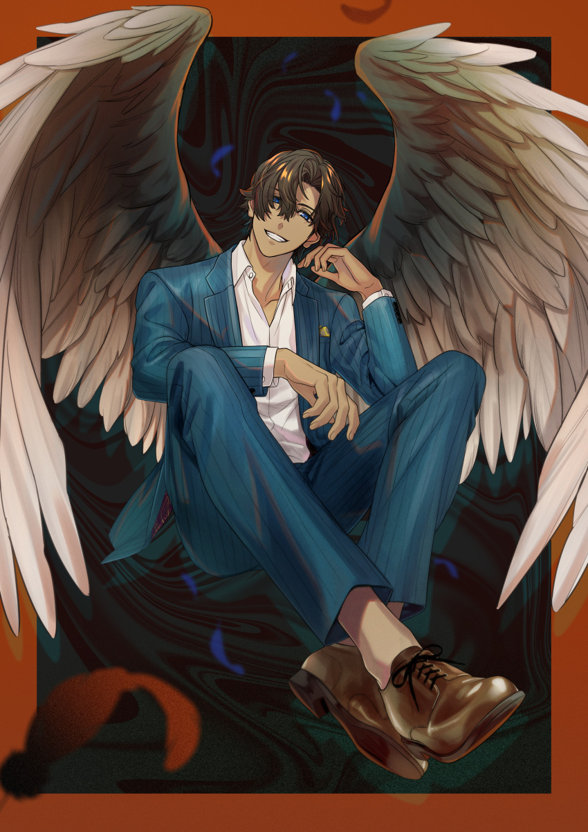 1boy, absurdres, angel_wings, black_background, blue_eyes, blue_pants, blue_suit, brown_footwear