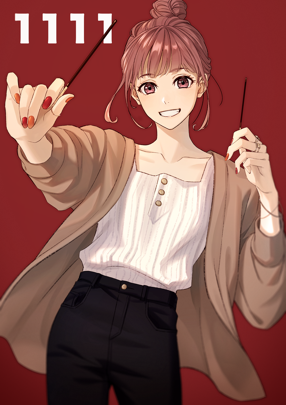 1girl, black_pants, brown_hair, brown_jacket, collarbone, food, grin, hair_bun