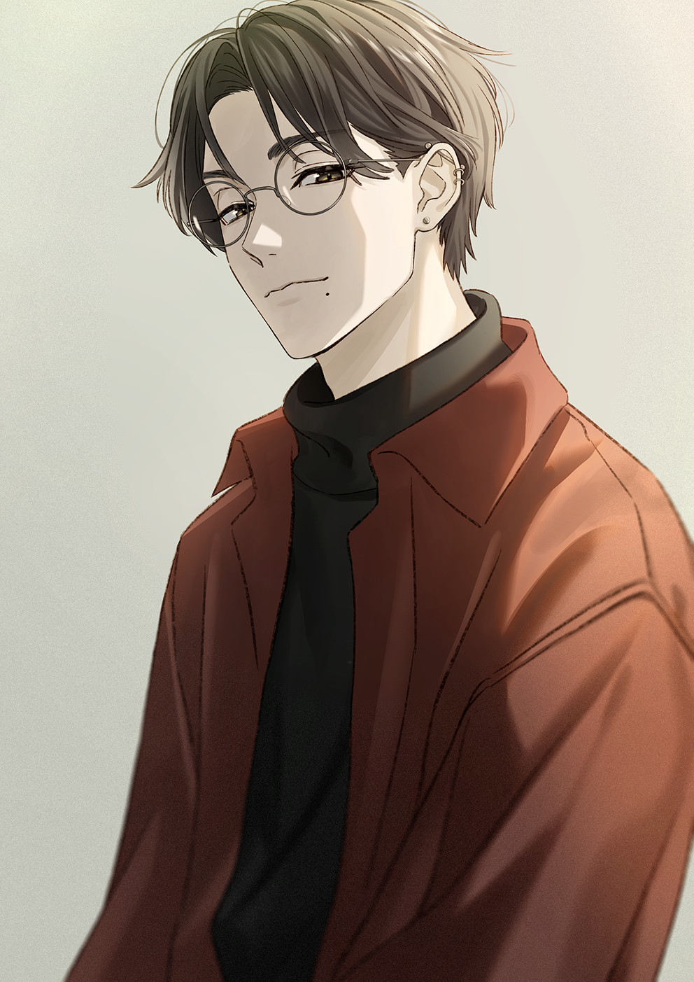 1boy, black_shirt, brown_eyes, brown_hair, ear_piercing, earrings, glasses, highres