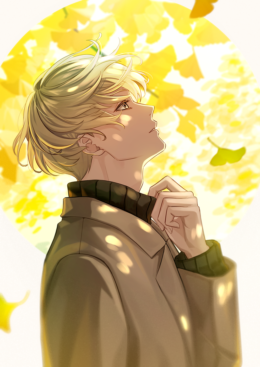 1boy, adjusting_collar, blonde_hair, brown_coat, coat, day, highres, leaf