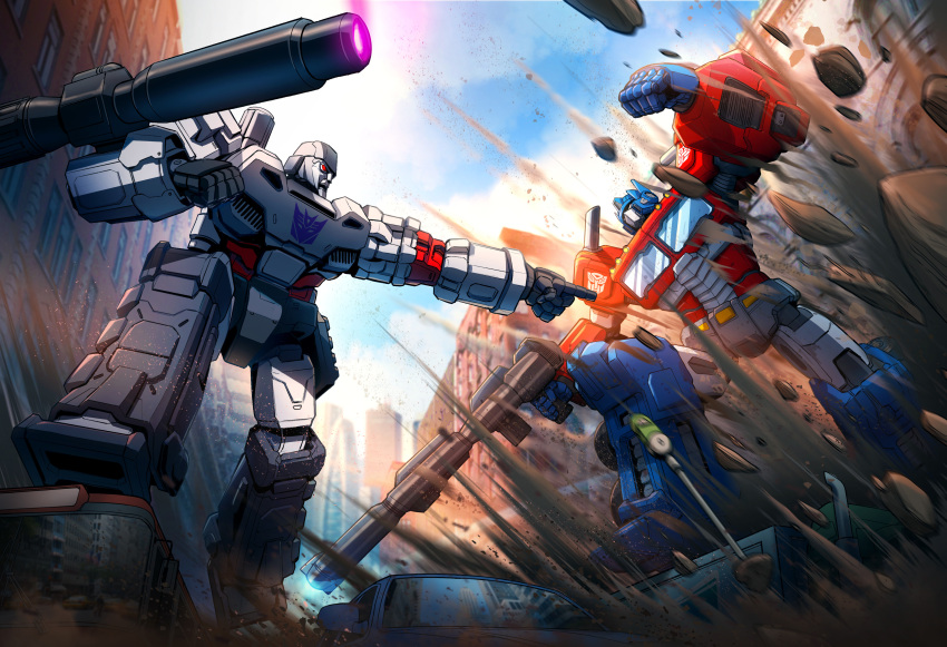 2boys, absurdres, arm_cannon, autobot, battle, building, car, cityscape, colinsearle, damaged, debris, decepticon, dirty, dust, emblem, energy, energy_cannon, english_commentary, explosion, glowing, ground_vehicle, highres, jumping, mecha, megatron, motion_blur, motion_lines, motor_vehicle, multiple_boys, optimus_prime, red_eyes, robot, ruins, science_fiction, transformers, weapon, wreckage
