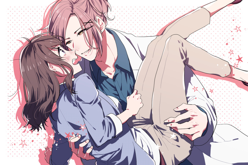 1boy, 1girl, blush, brown_hair, brown_pants, carrying, eye_contact, hair_ornament