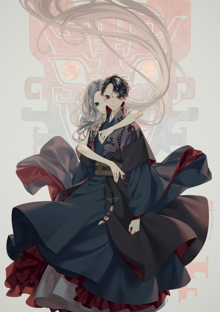 1boy, 1girl, absurdres, bare_arms, black_coat, blue_robe, chinese_clothes, coat, feet_out_of_frame, floating_clothes, floating_hair, frills, frown, green_eyes, hair_over_one_eye, haku_sanshi, hanfu, hataserukana, highres, hug, hug_from_behind, jewelry, juuni_kokuki, layered_sleeves, long_hair, long_sleeves, looking_at_viewer, one_eye_covered, robe, sash, short_hair, short_over_long_sleeves, short_sleeves, standing, taiki_(juuni_kokuki), two-sided_fabric, very_long_hair, wide_sleeves, yaopei