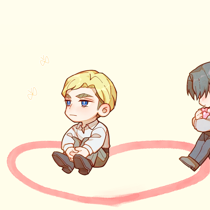 2boys, belt, black_footwear, black_hair, black_pants, blonde_hair, blue_eyes, blush, brown_hair, chibi, collared_shirt, covered_eyes, erwin_smith, full_body, ggggg, grey_shirt, heart, holding, holding_heart, hugging_own_legs, knees_up, levi_(shingeki_no_kyojin), long_sleeves, looking_afar, male_focus, multiple_boys, out_of_frame, pants, shingeki_no_kyojin, shirt, shoes, short_hair, simple_background, sitting, walking, white_shirt, yellow_background