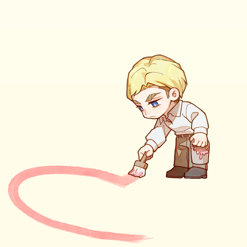 1boy, belt, black_footwear, blonde_hair, blue_eyes, brown_hair, bucket, chibi