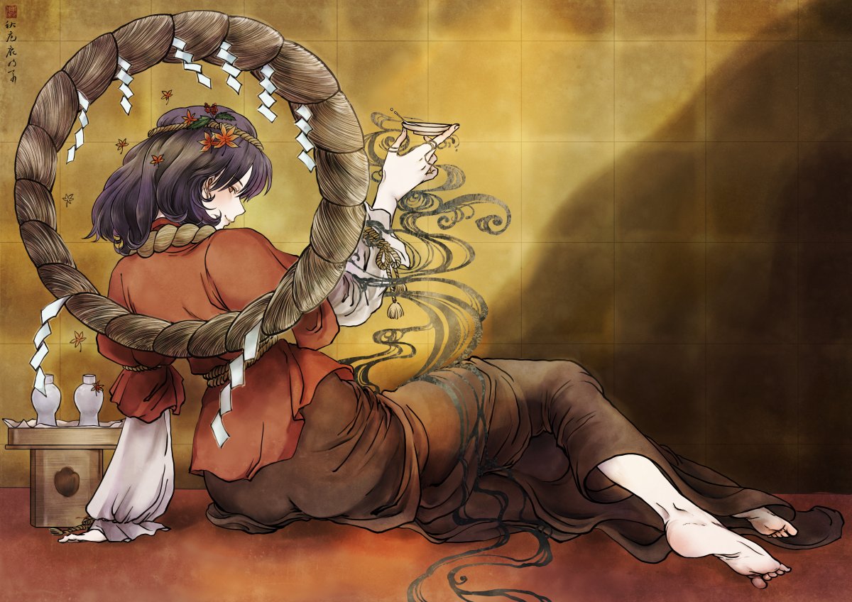 1girl, akiba_kanoko, alcohol, arm_support, autumn_leaves, barefoot, brown_skirt, cup