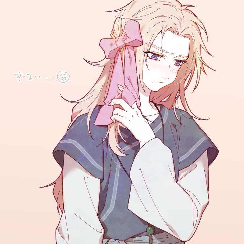 1boy, beads, blonde_hair, blush, bow, chinese_clothes, closed_mouth, embarrassed
