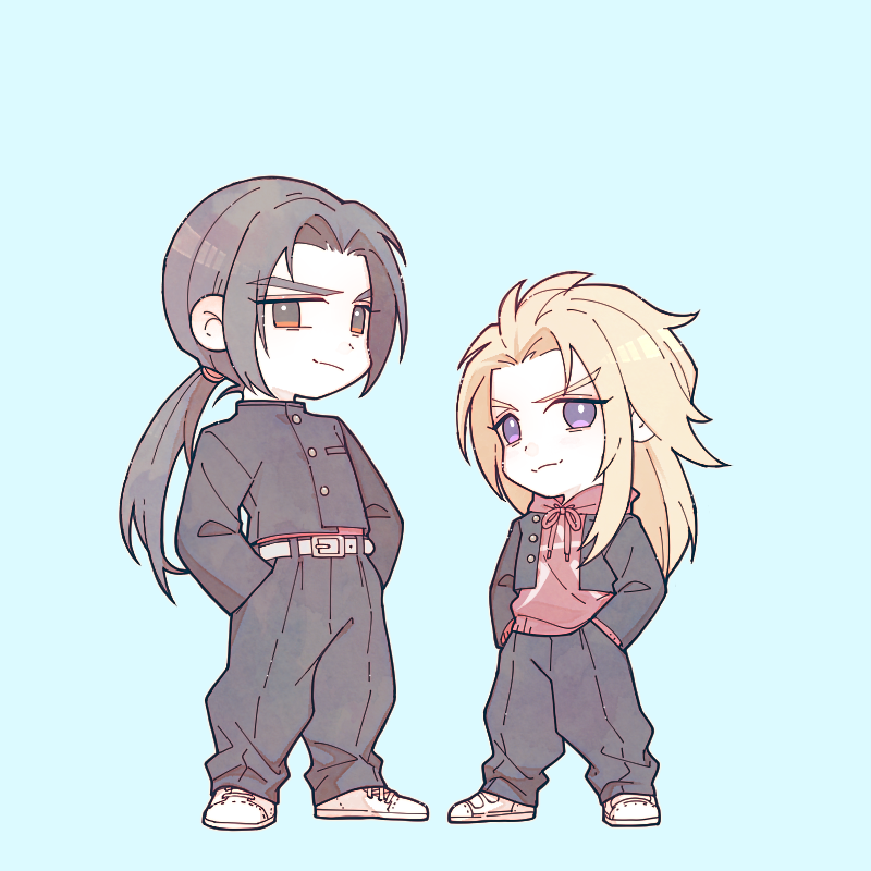 2boys, black_hair, black_jacket, black_pants, blonde_hair, blue_background, chibi, cropped_jacket