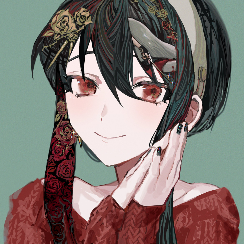1girl, bangs, black_hair, black_nails, collarbone, dress, earrings, eyebrows_hidden_by_hair, floral_print, green_background, highres, jewelry, long_hair, looking_at_viewer, off-shoulder_dress, off_shoulder, own_hands_together, portrait, red_dress, red_eyes, simple_background, smile, solo, spy_x_family, yadu_nadu, yor_briar