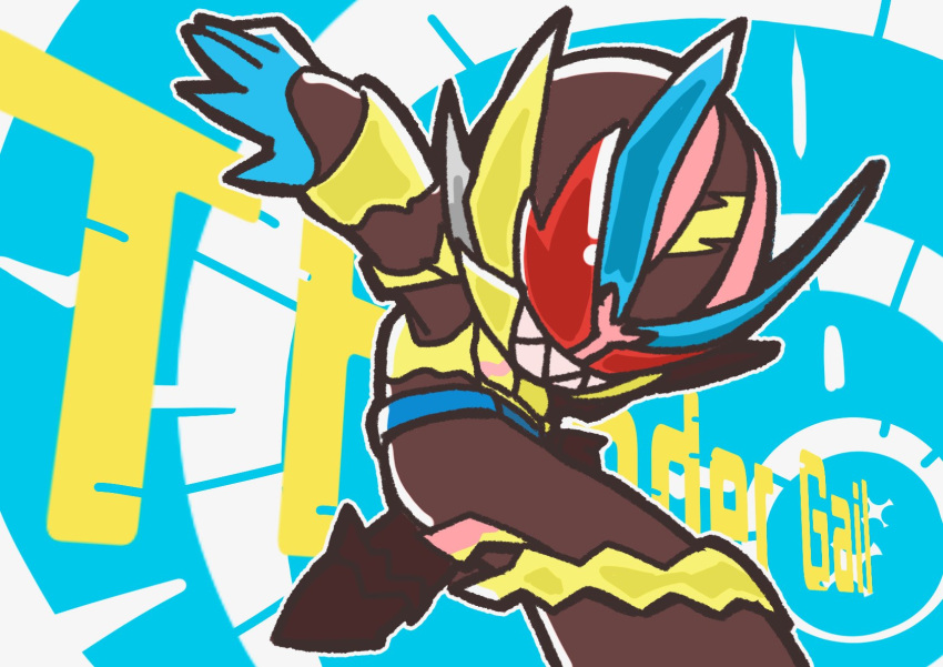 1boy, black_bodysuit, blue_background, blue_gloves, blue_horns, bodysuit, chibi, commentary_request