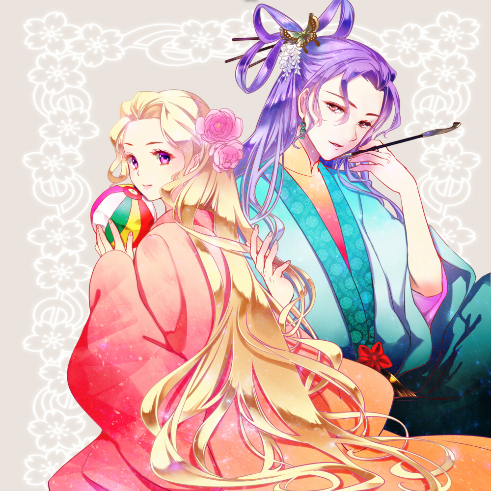 1boy, 1girl, androgynous, aqua_robe, ball, blonde_hair, butterfly_hair_ornament, closed_mouth