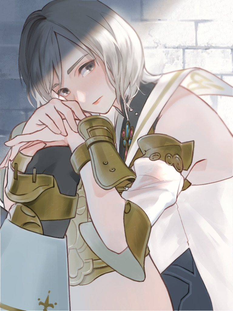 1girl, ashelia_b'nargin_dalmasca, closed_mouth, detached_sleeves, final_fantasy, final_fantasy_xii, grey_eyes, grey_hair, hands_on_own_knees, looking_at_viewer, minabe_(mi-nabe), short_hair, solo, thigh-highs