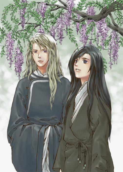 2boys, androgynous, arms_at_sides, black_hair, blonde_hair, branch, changpao, chinese_clothes
