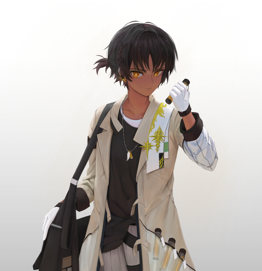 1boy, arknights, bag, bangs, black_hair, closed_mouth, coat, dark-skinned_male