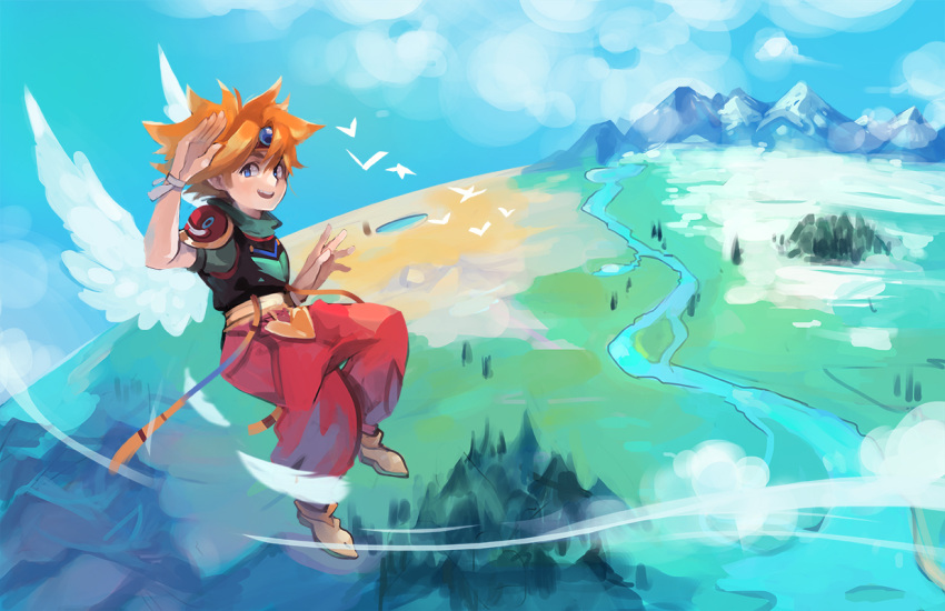 1boy, alpaca_carlesi, ark_(tenchi_souzou), armor, baggy_pants, bird, brown_footwear, clouds