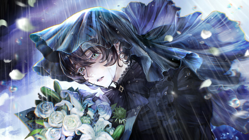 1girl, black_dress, black_hair, blue_eyes, bouquet, crying, dress, earrings