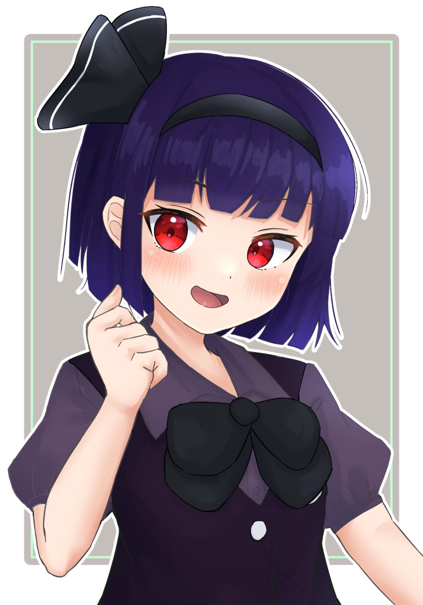 1girl, alternate_color, bangs, black_bow, black_bowtie, black_hairband, blunt_bangs, bow