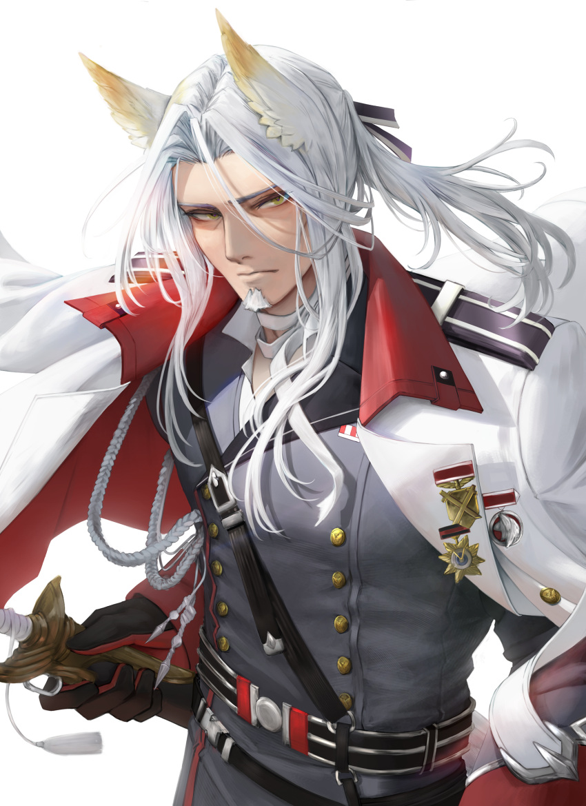 1boy, absurdres, arknights, buttons, closed_mouth, coat, commentary_request, facial_hair