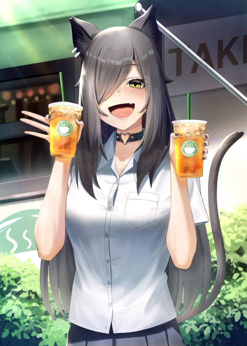 1girl, animal_ears, black_hair, black_nails, black_skirt, blush, breasts, bush, cat_ears, cat_girl, cat_tail, choker, collared_shirt, cup, disposable_cup, drinking_straw, ear_bar, fang, food_truck, hair_over_one_eye, hands_up, highres, holding, holding_cup, long_hair, looking_at_viewer, medium_breasts, motsushi, open_mouth, original, outdoors, shirt, short_sleeves, skin_fang, skirt, smile, solo, tail, tongue, tongue_out, upper_body, white_shirt, yellow_eyes
