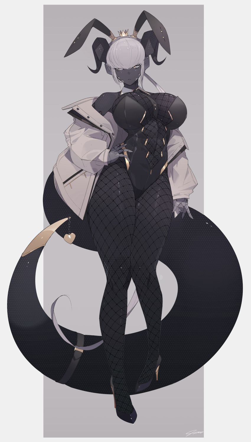 1girl, animal_ears, black_horns, black_skin, breasts, closed_mouth, colored_skin, crown, fake_animal_ears, fishnet_pantyhose, fishnet_thighhighs, fishnets, full_body, hand_on_hip, heart, highres, horns, ill_(ub1mo), jacket, large_breasts, long_sleeves, looking_at_viewer, looking_to_the_side, original, pantyhose, playboy_bunny, rabbit_ears, signature, solo, standing, tail, thigh-highs, thighs, ub1mo, white_jacket, yellow_eyes