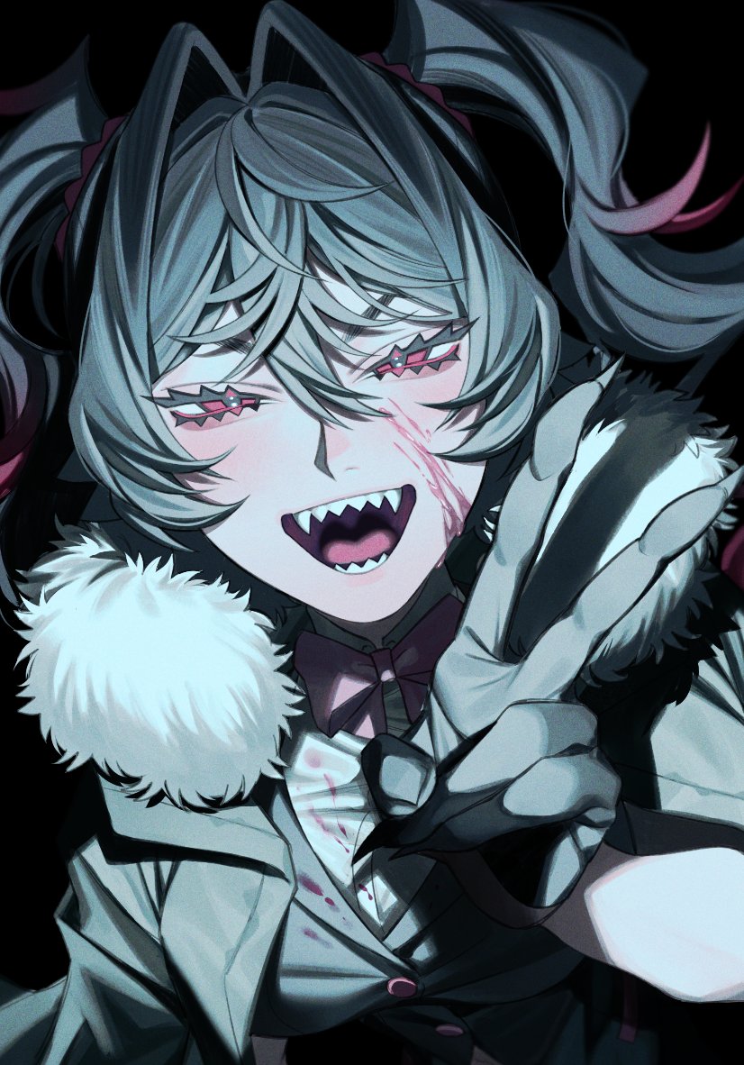 1girl, black_background, black_vest, blood, blood_on_clothes, blood_on_face, bow, bowtie