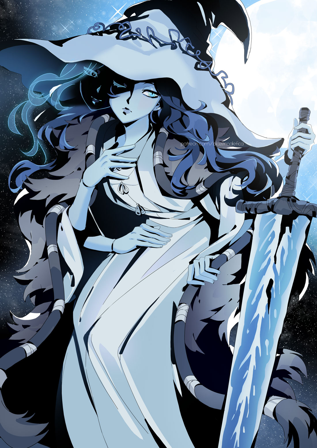 1girl, blazemalefica, blue_eyes, blue_hair, blue_lips, blue_skin, brown_cloak, cloak