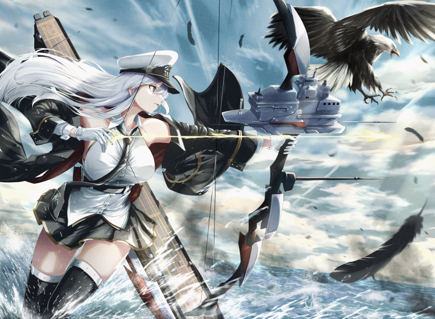 1girl, absurdres, arrow_(projectile), azur_lane, bald_eagle, belt, bird, black_belt