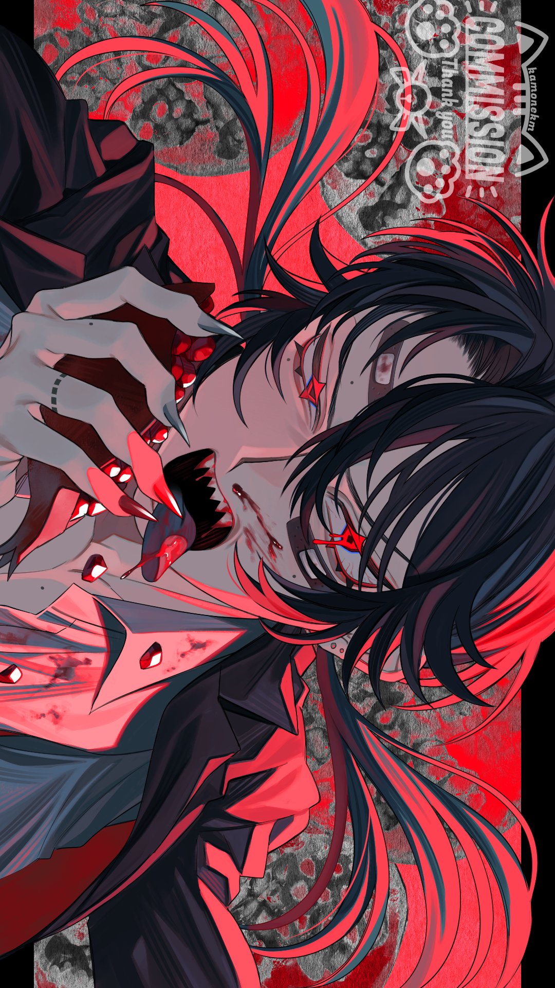 1boy, bandaid, bandaid_on_face, bandaid_on_forehead, black_hair, black_jacket, blood, blood_from_mouth