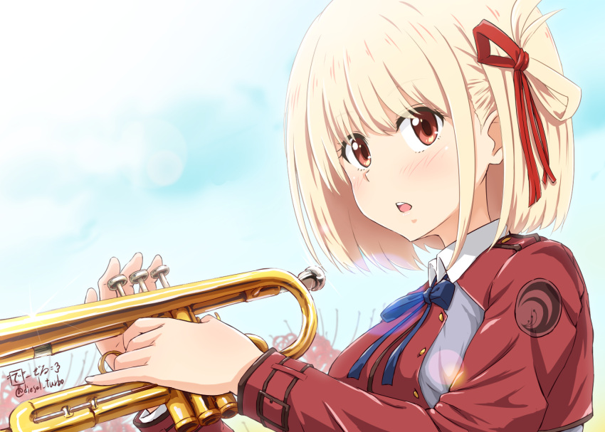 anzai_chika, blue_ribbon, blue_sky, blush, diesel-turbo, dress, flower, hair_ribbon