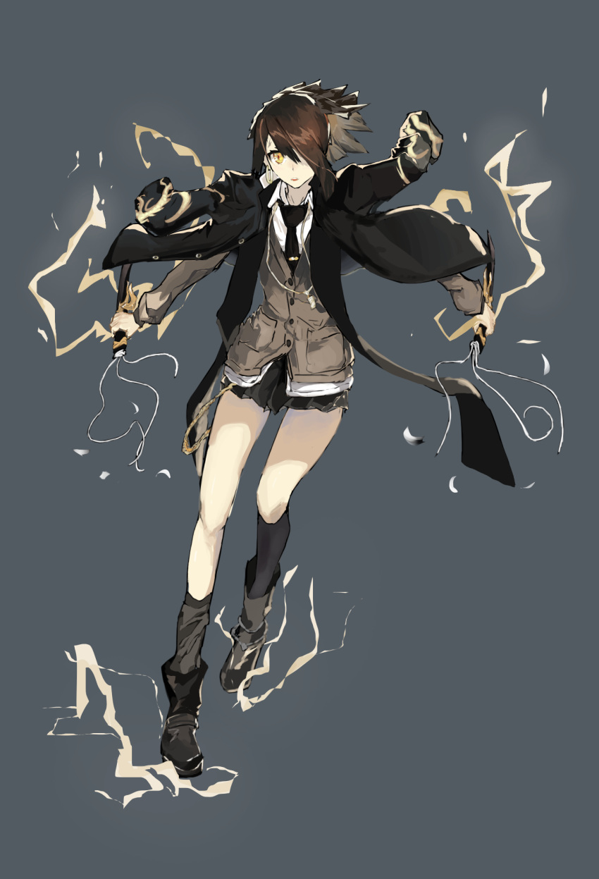 1girl, alchemy_stars, asymmetrical_legwear, black_footwear, black_hair, black_necktie, black_skirt, black_socks