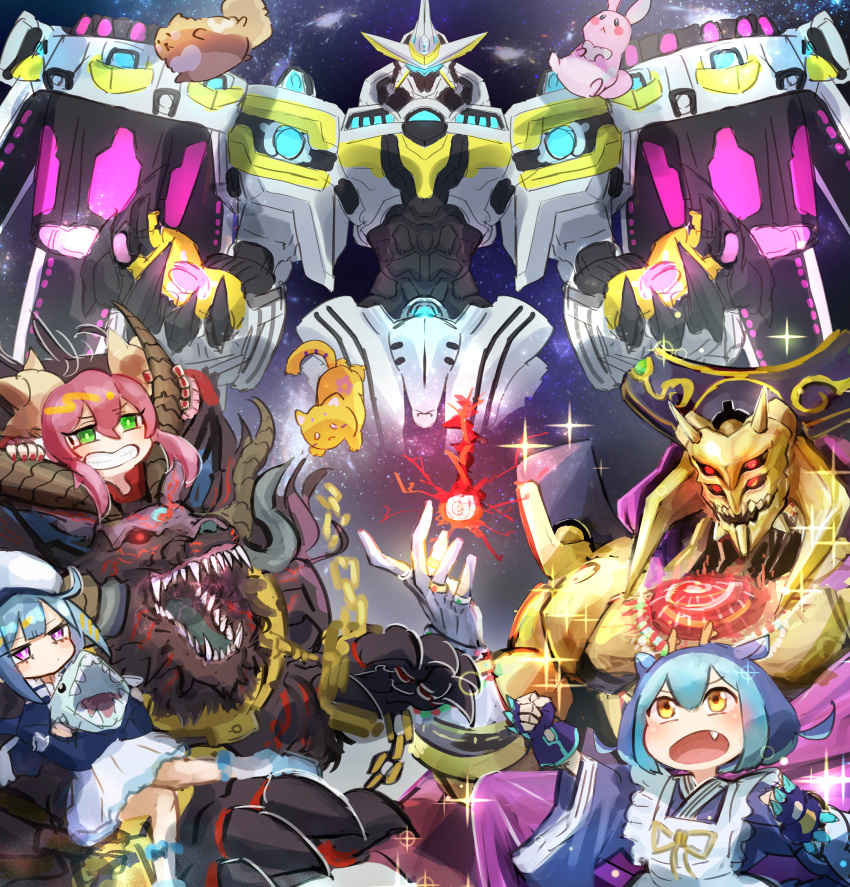 1boy, 2others, 3girls, animal, blue_hair, cat, chain, divine_arsenal_aa-zeus_-_sky_thunder
