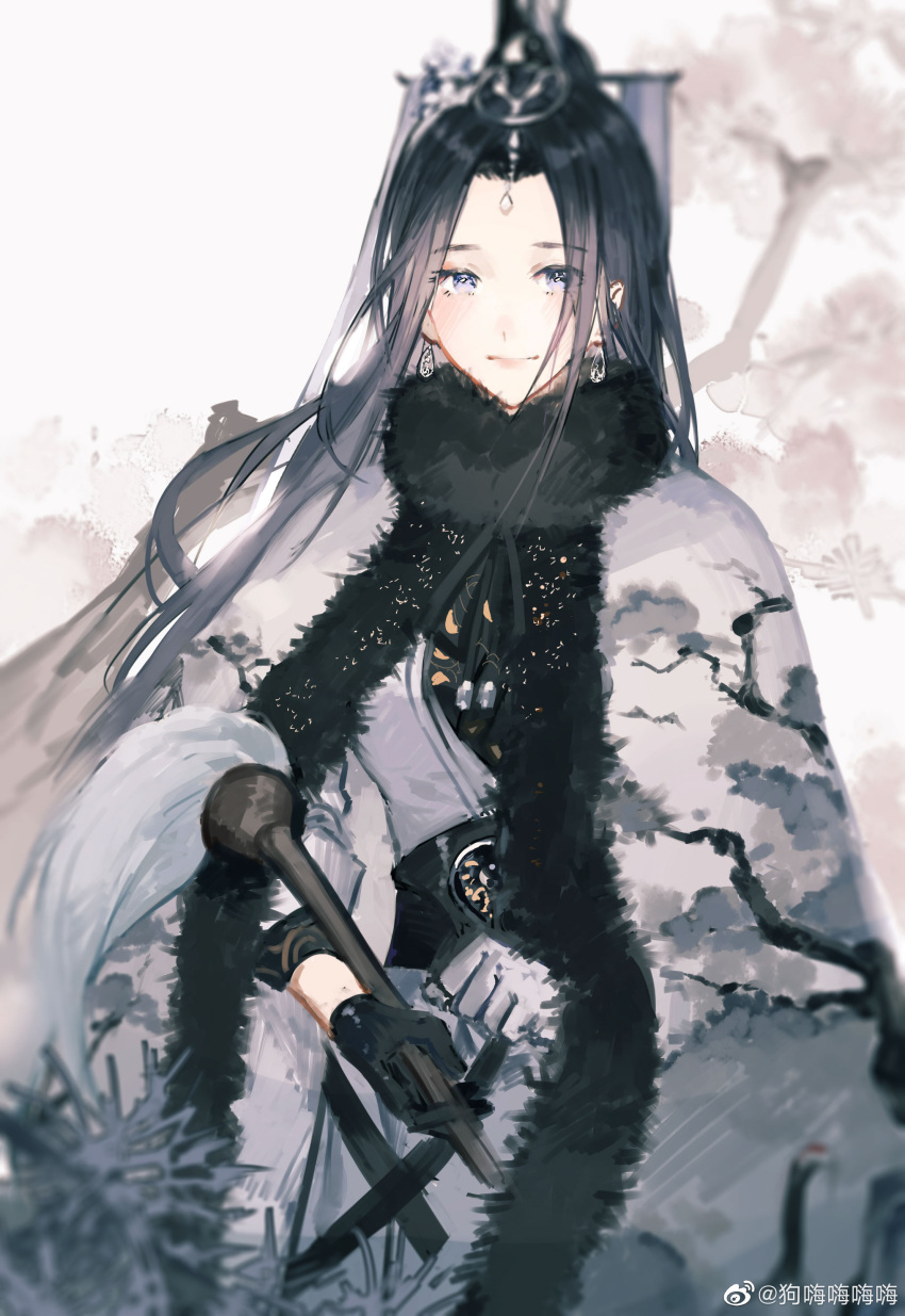 1girl, absurdres, black_hair, blue_eyes, cloak, closed_mouth, dress, earrings