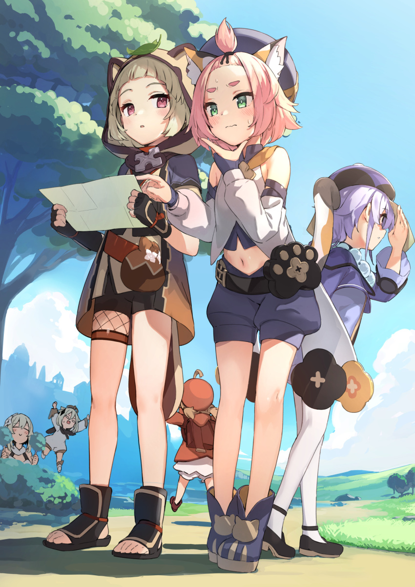 6+girls, ahoge, animal_ear_fluff, animal_ears, animal_hood, arms_up, bangs, belt