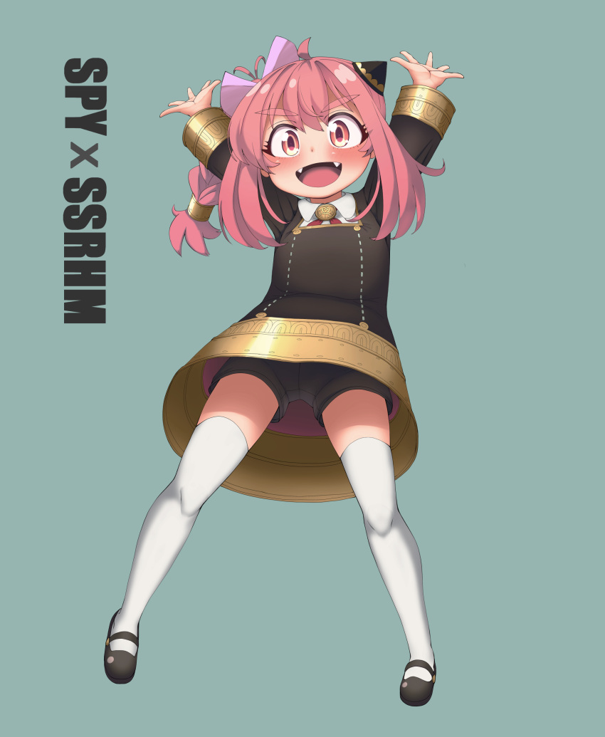 1girl, absurdres, anya_(spy_x_family), anya_(spy_x_family)_(cosplay), arms_up, black_dress, black_shorts, blue_background, blush, bow, character_name, collared_shirt, commentary_request, cookie_(touhou), cosplay, dress, eden_academy_uniform, fangs, full_body, hairpods, highres, long_sleeves, looking_at_viewer, open_mouth, pink_bow, pink_eyes, pink_hair, pyukasshori, sasorihime_(cookie), school_uniform, shirt, shorts, shorts_under_dress, simple_background, smile, solo, spy_x_family, white_shirt