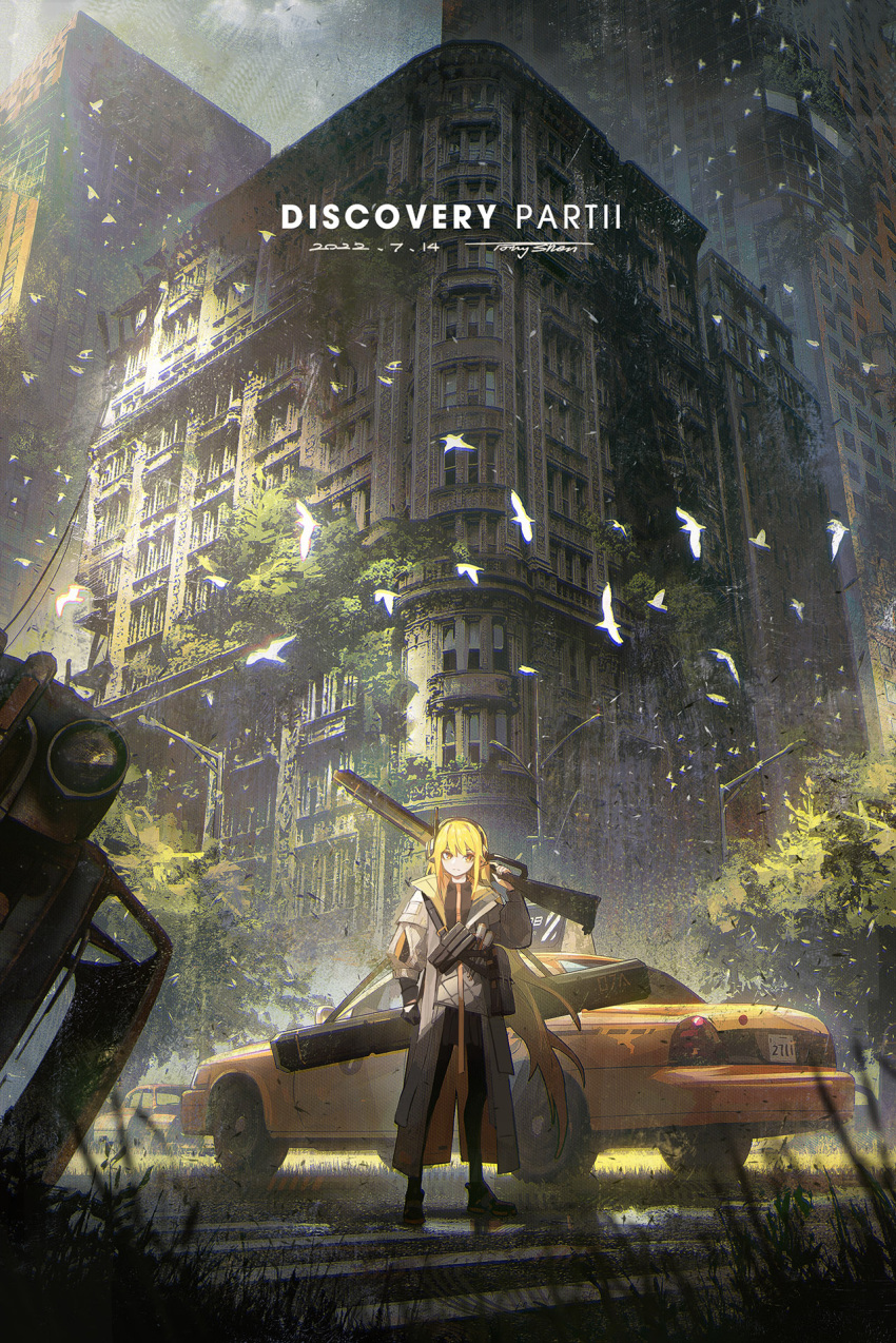 1girl, artist_name, building, car, city, cityscape, coat, commentary, dated, english_commentary, english_text, ford, ford_crown_victoria, grass, ground_vehicle, gun, highres, holding, holding_gun, holding_weapon, long_hair, long_sleeves, motor_vehicle, nerok, orange_hair, original, outdoors, ruins, scenery, signature, skyscraper, solo, standing, taxi, watermark, weapon, white_coat, wide_shot, wreckage