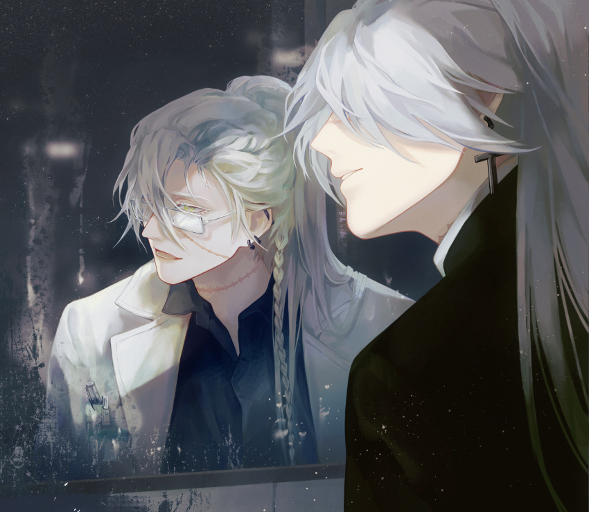1boy, bathroom, buliqiaoqiaodibuliduo606, cross, cross_earrings, earrings, full-length_mirror, glasses