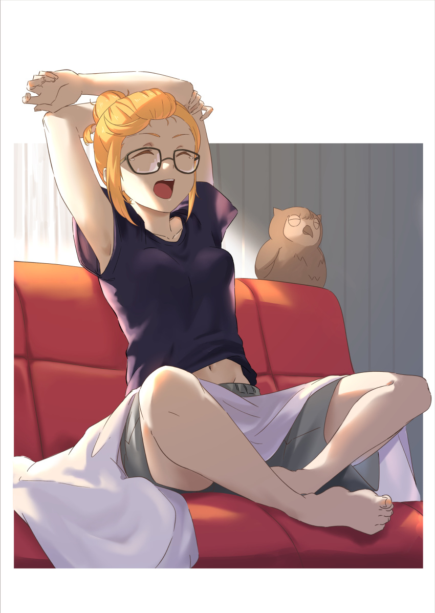 1girl, absurdres, armpits, arms_behind_head, arms_up, bare_legs, barefoot, bird, black-framed_eyewear, black_shirt, blonde_hair, breasts, closed_eyes, collarbone, couch, full_body, glasses, grey_shorts, groin, hair_bun, highres, indoors, love_live!, love_live!_superstar!!, midriff, navel, open_mouth, owl, repurika, shibuya_kanon, shirt, short_hair, short_sleeves, shorts, sitting, small_breasts, solo, stomach, stretching, t-shirt, tears, under_covers
